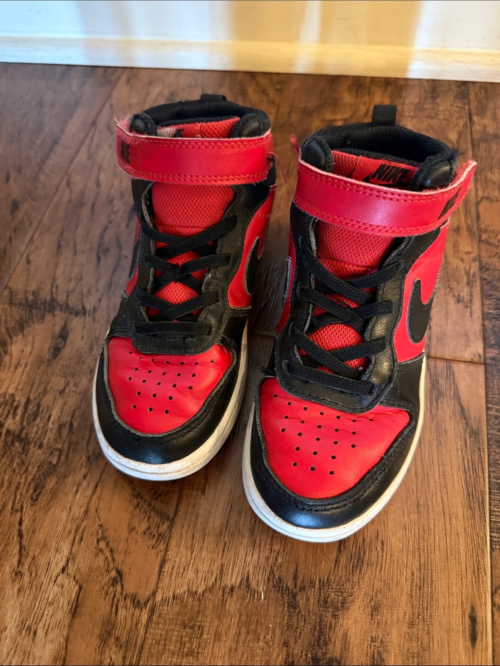 Nike Kids Red and Black Court Borough Mid 2 High-Top Sneakers with Velcro Strap